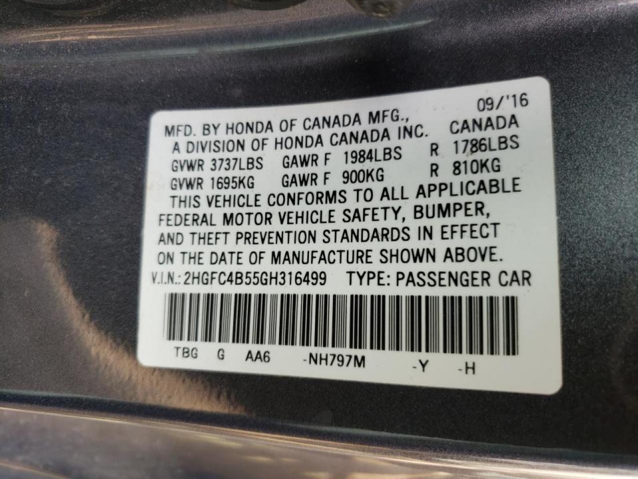 Photo 10 from auction – 2016 HONDA CIVIC LX with VIN 2HGFC4B55GH316499