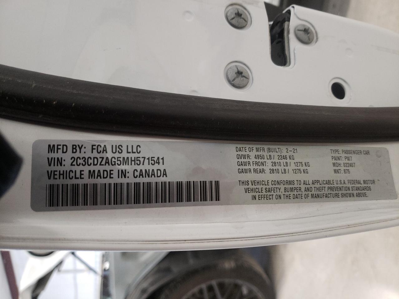 Photo 10 from auction – 2021 DODGE CHALLENGER with VIN 2C3CDZAG5MH571541