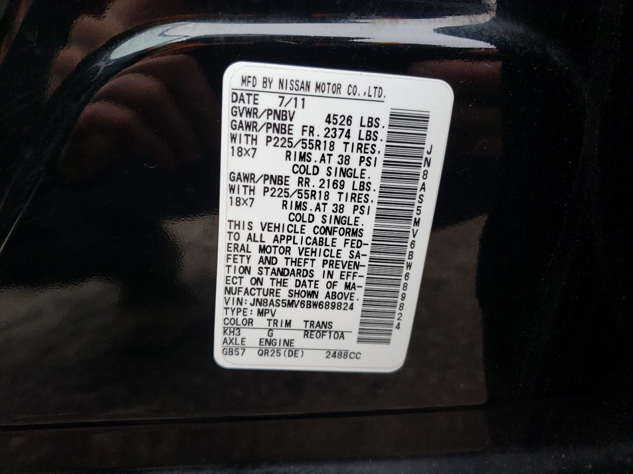Photo 10 from auction – 2011 NISSAN ROGUE S with VIN JN8AS5MV6BW689824