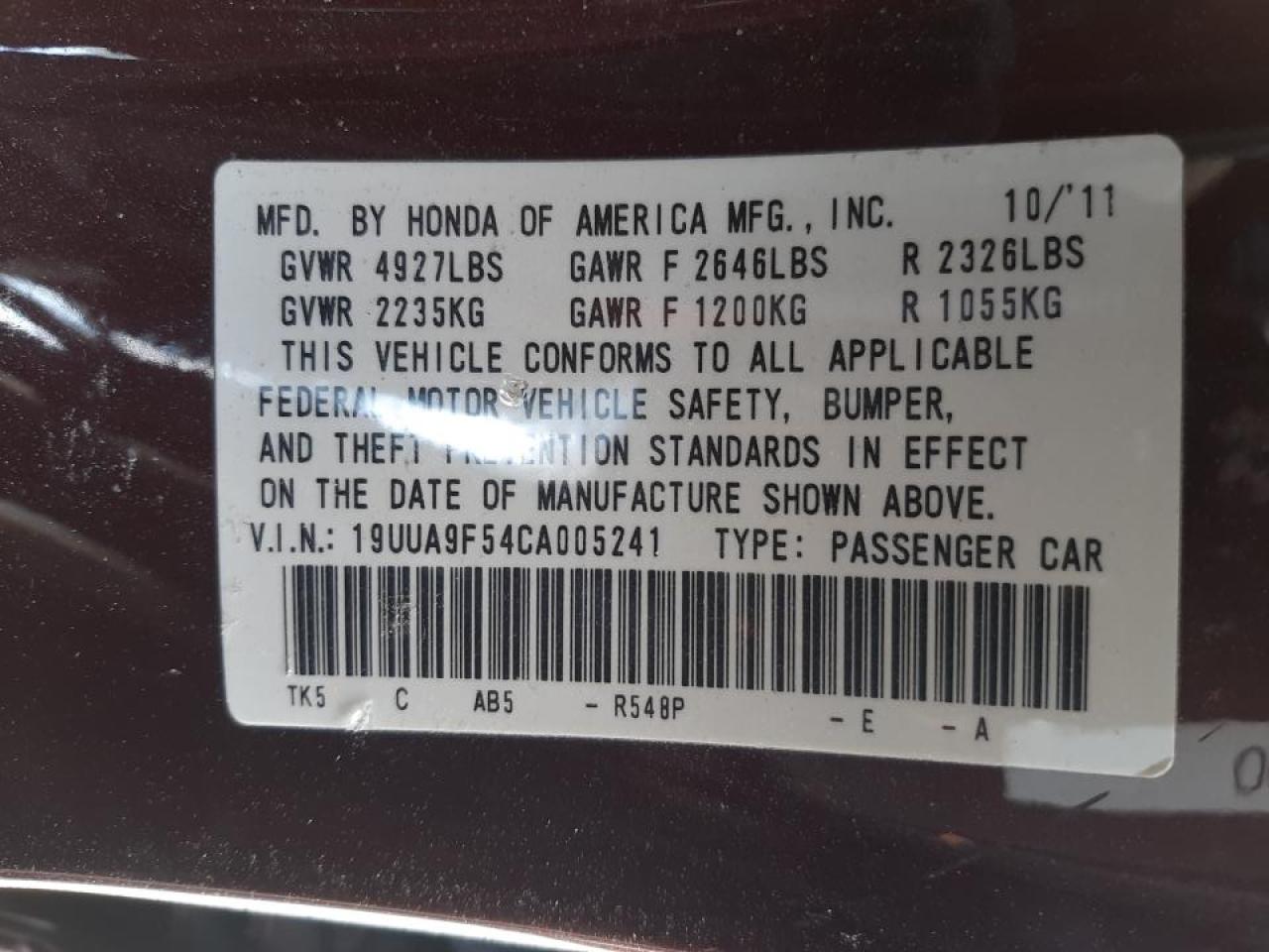 Photo 10 from auction – 2012 ACURA TL with VIN 19UUA9F54CA005241