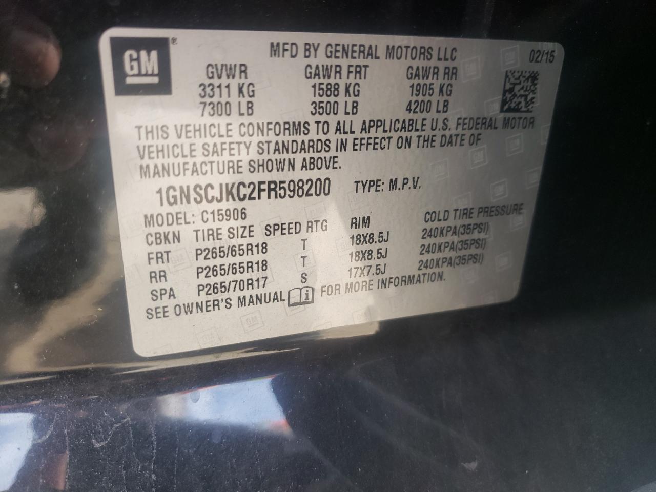 Photo 10 from auction – 2015 CHEVROLET SUBURBAN C with VIN 1GNSCJKC2FR598200