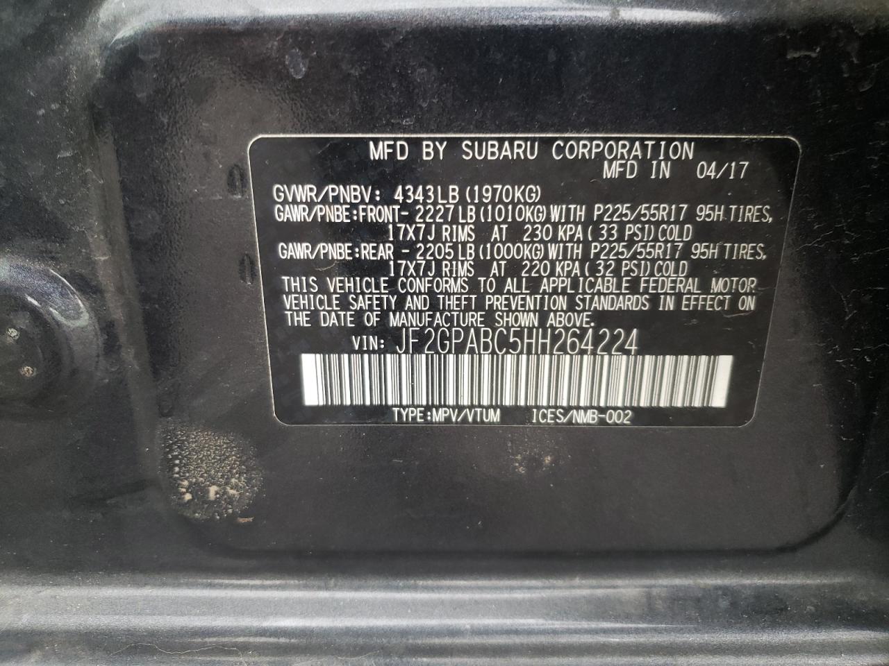 Photo 10 from auction – 2017 SUBARU CROSSTREK with VIN JF2GPABC5HH264224