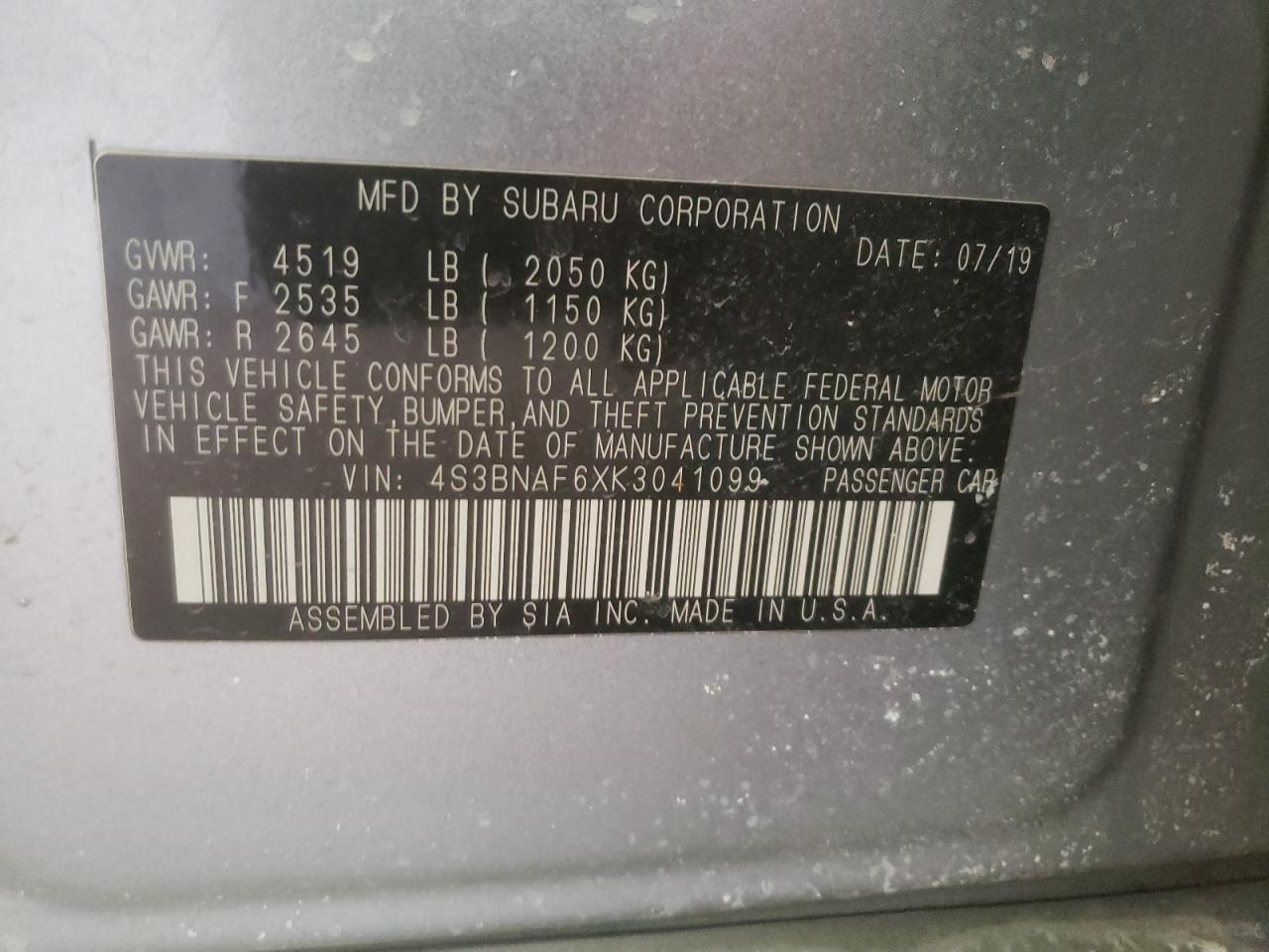 Photo 10 from auction – 2019 SUBARU LEGACY 2.5 with VIN 4S3BNAF6XK3041099