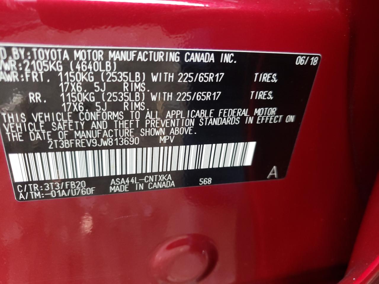 Photo 10 from auction – 2018 TOYOTA RAV4 LE with VIN 2T3BFREV9JW813690