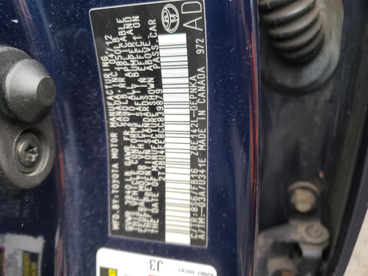 Photo 10 from auction – 2012 TOYOTA COROLLA BA with VIN 2T1BU4EE8CC839879