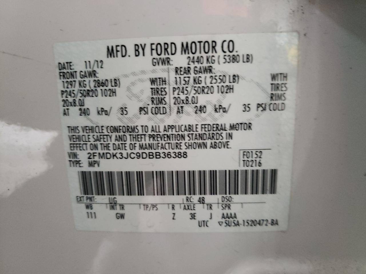 Photo 10 from auction – 2013 FORD EDGE SEL with VIN 2FMDK3JC9DBB36388