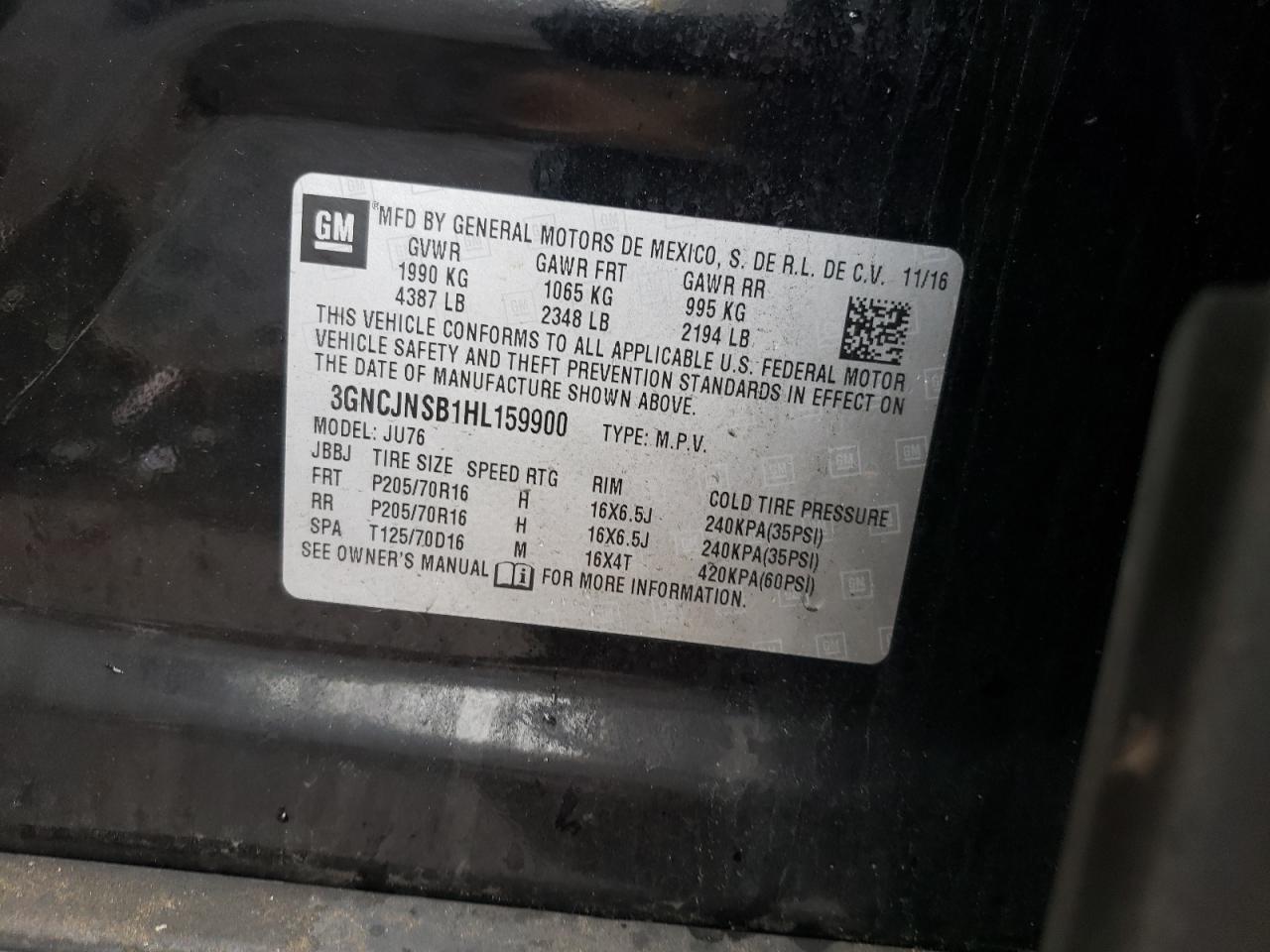 Photo 10 from auction – 2017 CHEVROLET TRAX LS with VIN 3GNCJNSB1HL159900