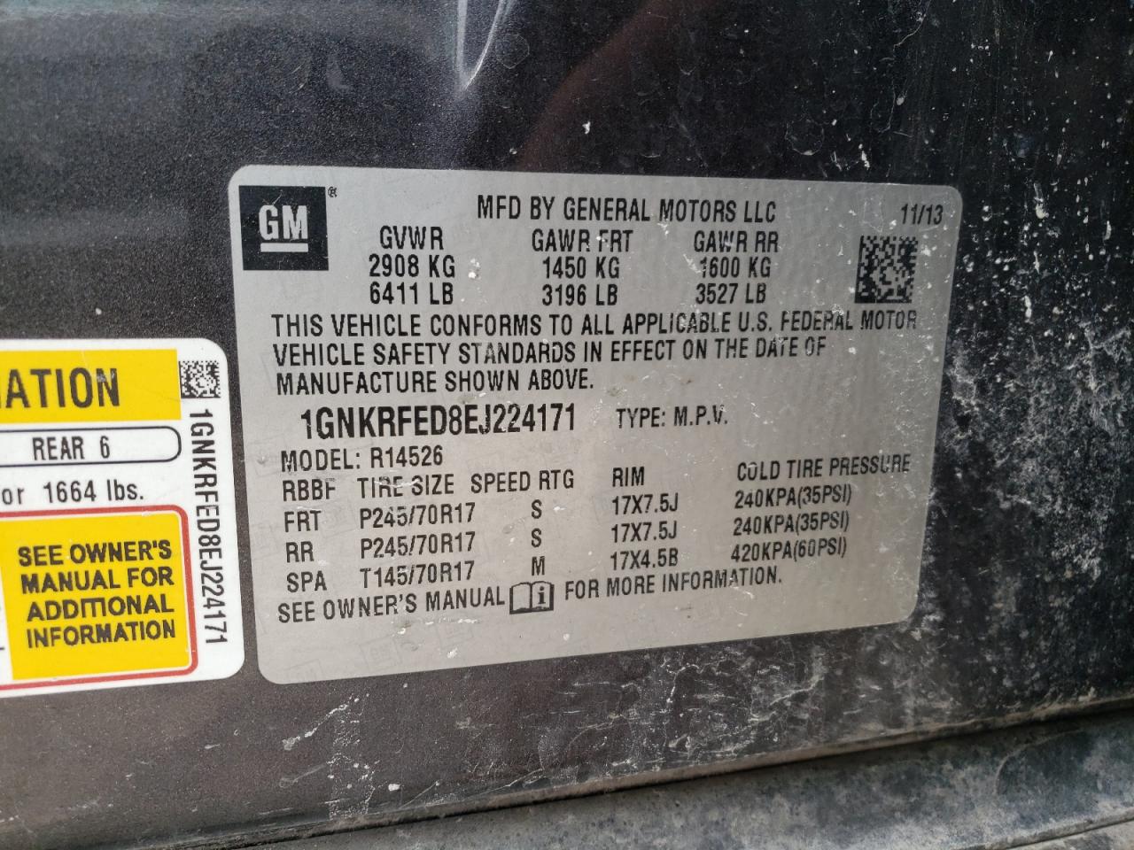 Photo 10 from auction – 2014 CHEVROLET TRAVERSE L with VIN 1GNKRFED8EJ224171