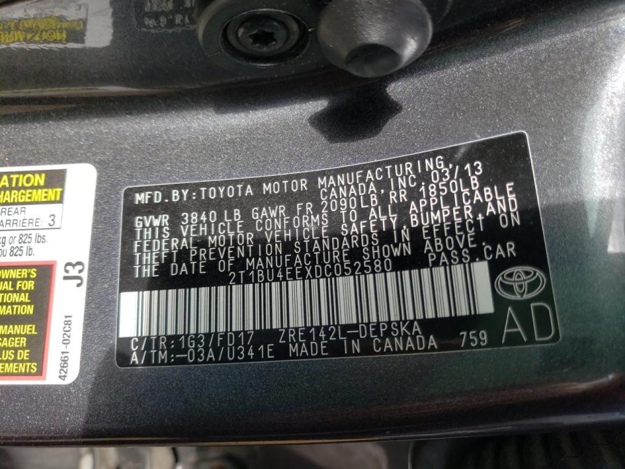 Photo 10 from auction – 2013 TOYOTA COROLLA BA with VIN 2T1BU4EEXDC052580