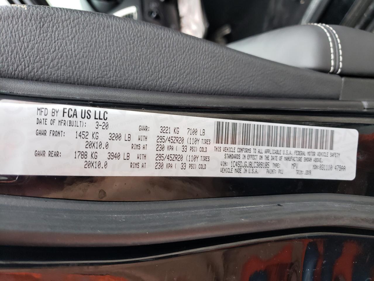 Photo 10 from auction – 2020 DODGE DURANGO SR with VIN 1C4SDJGJ8LC309185