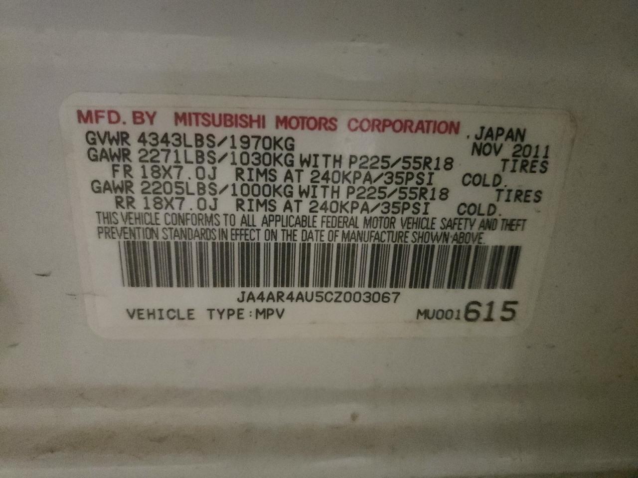Photo 10 from auction – 2012 MITSUBISHI OUTLANDER with VIN JA4AR4AU5CZ003067