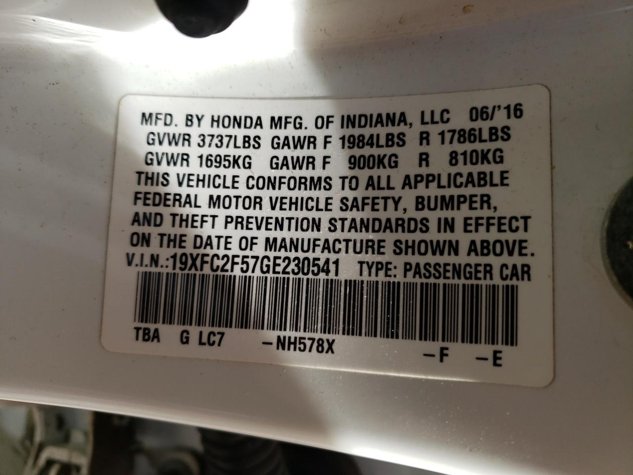 Photo 10 from auction – 2016 HONDA CIVIC LX with VIN 19XFC2F57GE230541