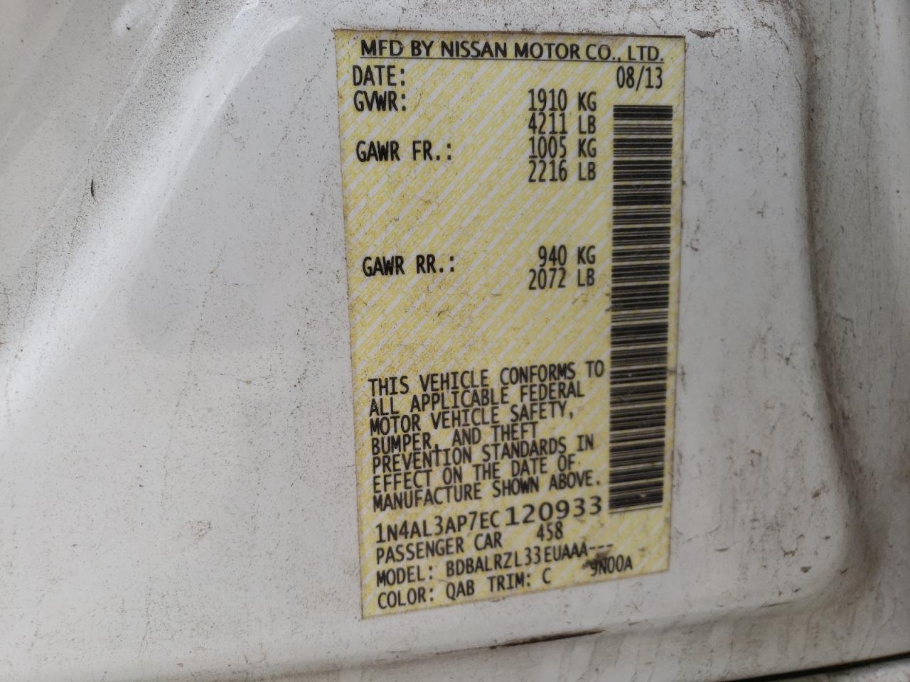 Photo 10 from auction – 2014 NISSAN ALTIMA 2.5 with VIN 1N4AL3AP7EC120933