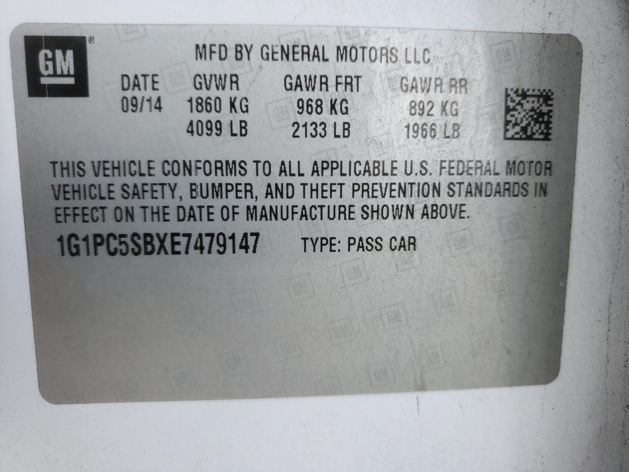 Photo 10 from auction – 2014 CHEVROLET CRUZE LT with VIN 1G1PC5SBXE7479147