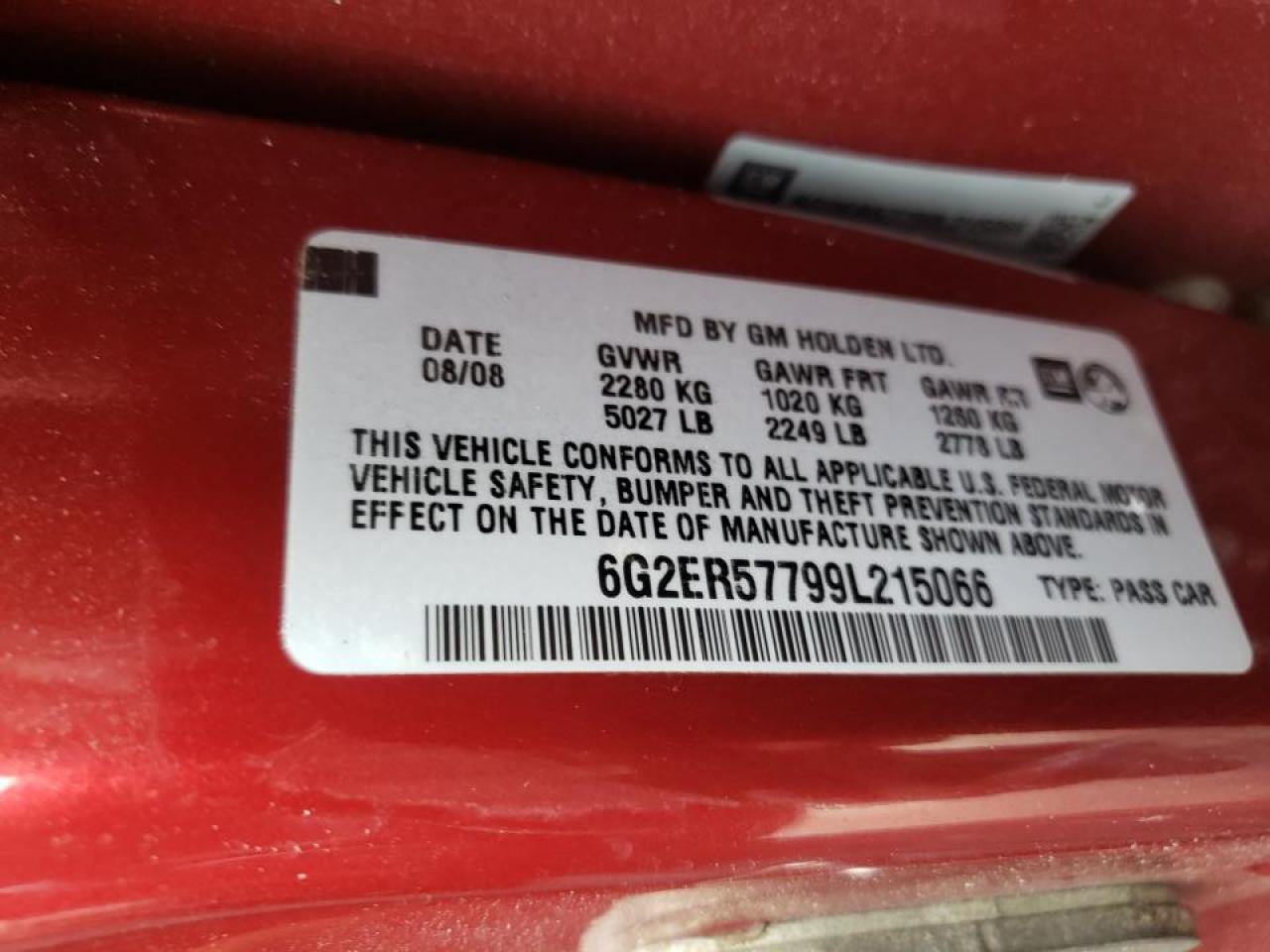 Photo 10 from auction – 2009 PONTIAC G8 with VIN 6G2ER57799L215066