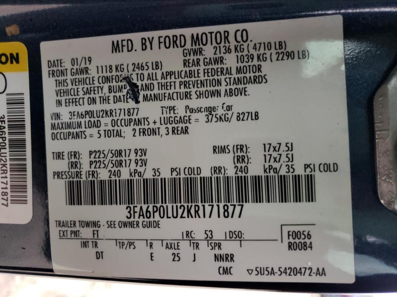 Photo 10 from auction – 2019 FORD FUSION SE with VIN 3FA6P0LU2KR171877