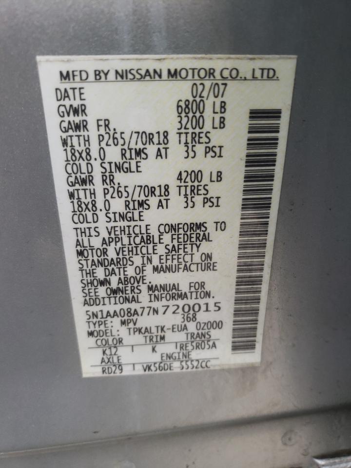 Photo 10 from auction – 2007 NISSAN ARMADA SE with VIN 5N1AA08A77N720015