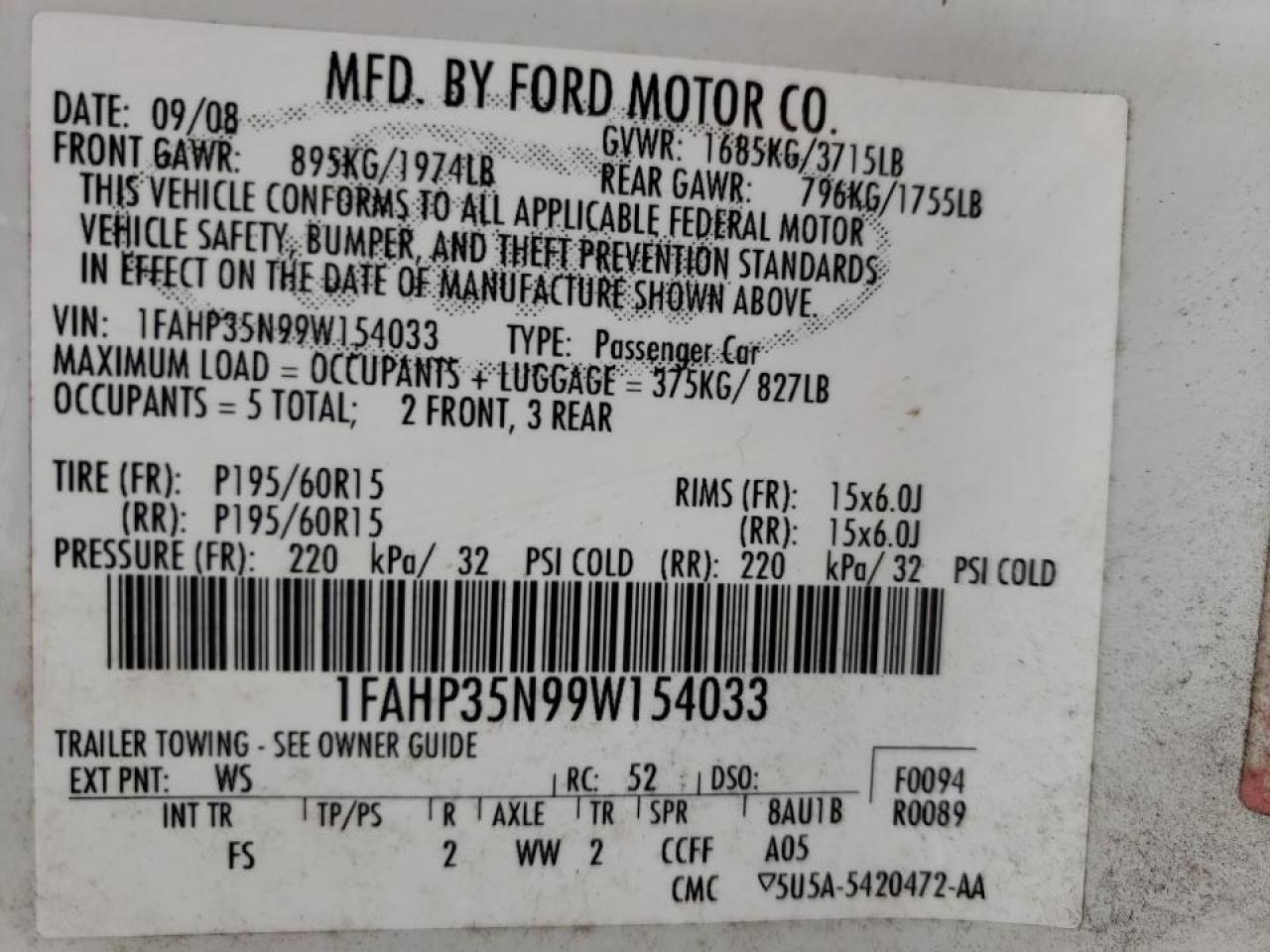 Photo 10 from auction – 2009 FORD FOCUS SE with VIN 1FAHP35N99W154033