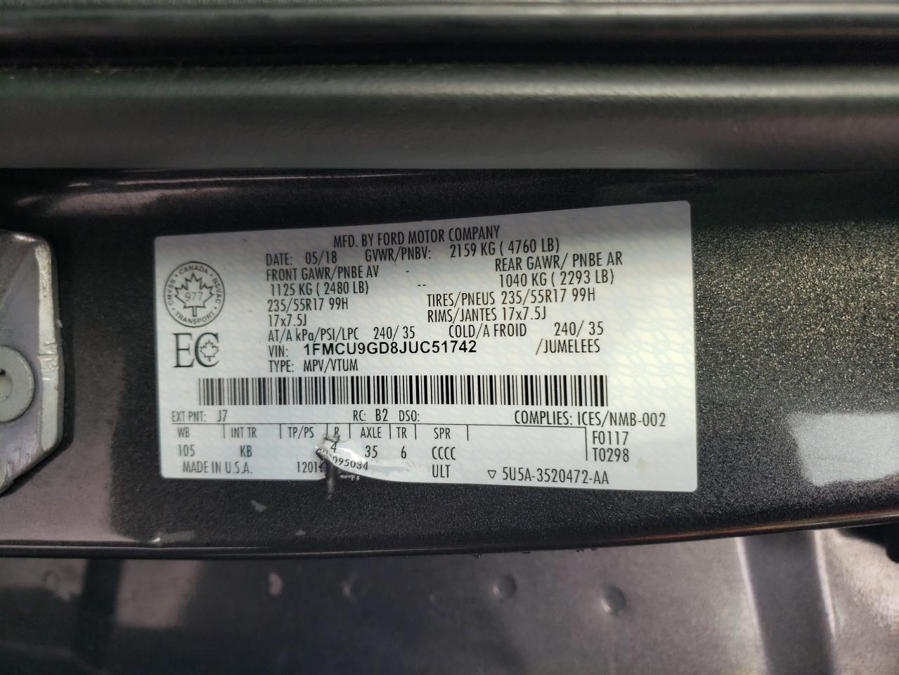 Photo 10 from auction – 2018 FORD ESCAPE SE with VIN 1FMCU9GD8JUC51742