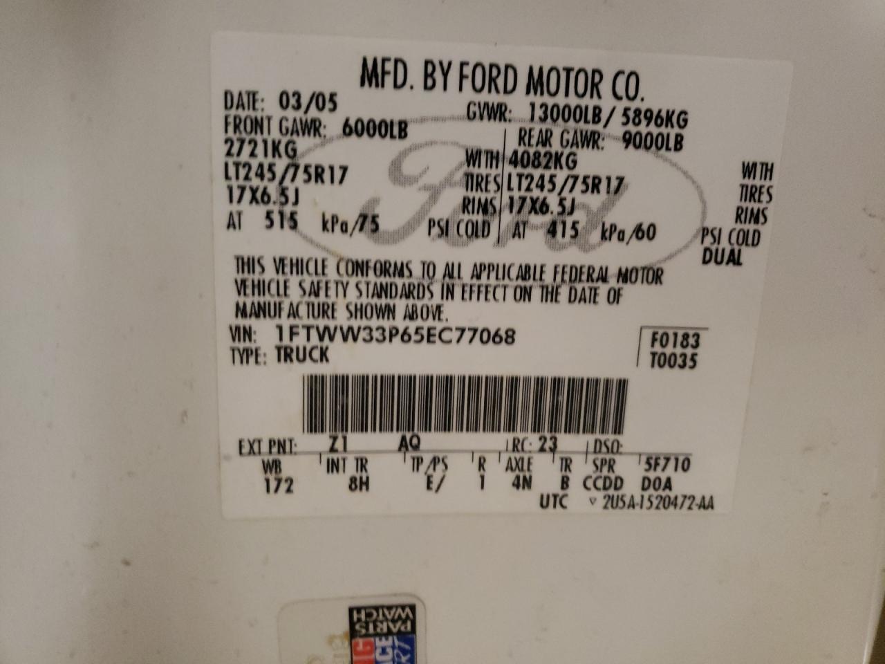 Photo 10 from auction – 2005 FORD F350 SUPER with VIN 1FTWW33P65EC77068