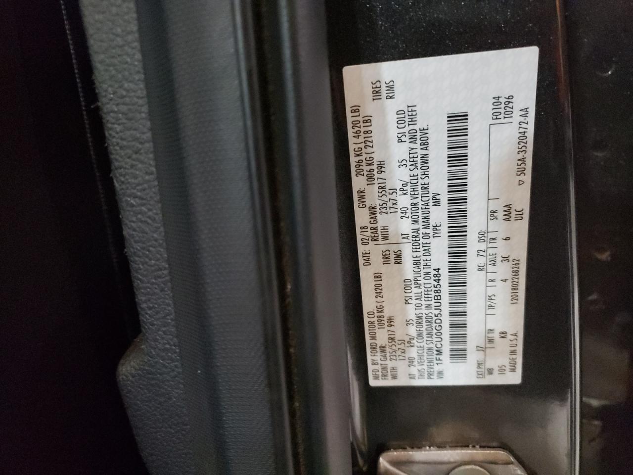 Photo 10 from auction – 2018 FORD ESCAPE SE with VIN 1FMCU0GD5JUB85484