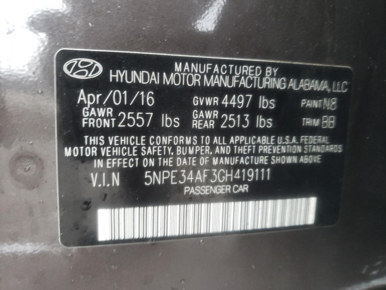 Photo 10 from auction – 2016 HYUNDAI SONATA SPO with VIN 5NPE34AF3GH419111