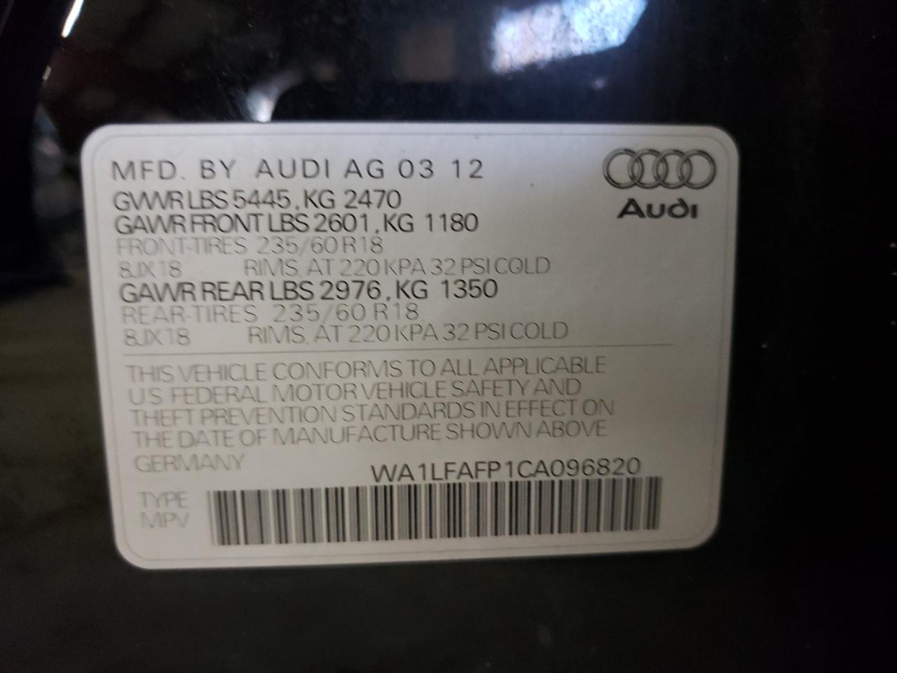 Photo 10 from auction – 2012 AUDI Q5 PREMIUM with VIN WA1LFAFP1CA096820