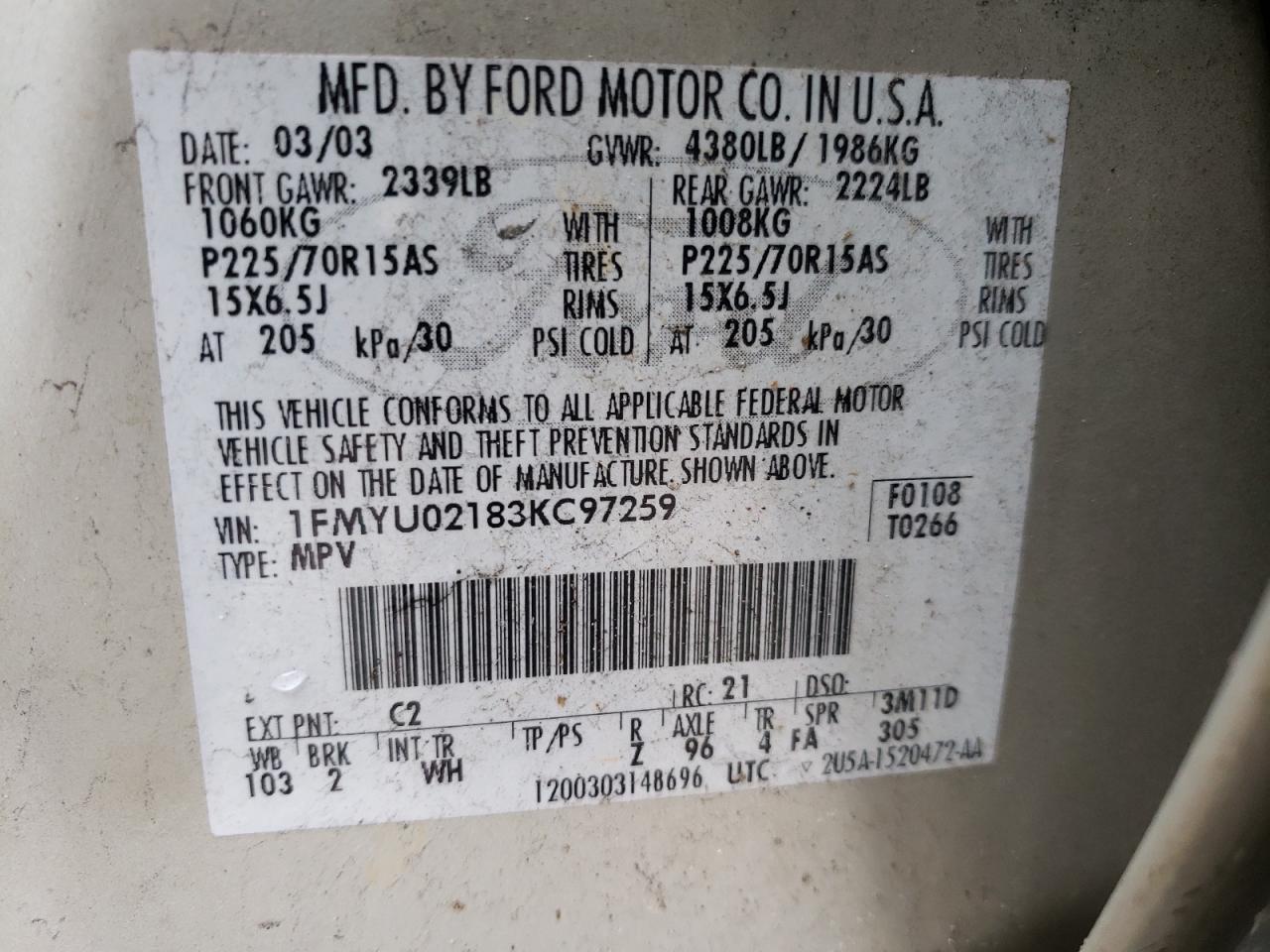 Photo 10 from auction – 2003 FORD ESCAPE XLS with VIN 1FMYU02183KC97259