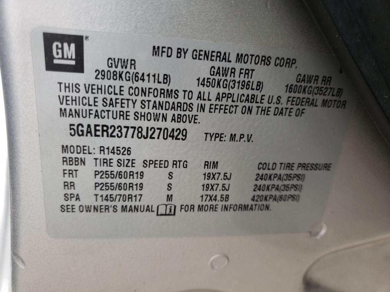 Photo 10 from auction – 2008 BUICK ENCLAVE CX with VIN 5GAER23778J270429