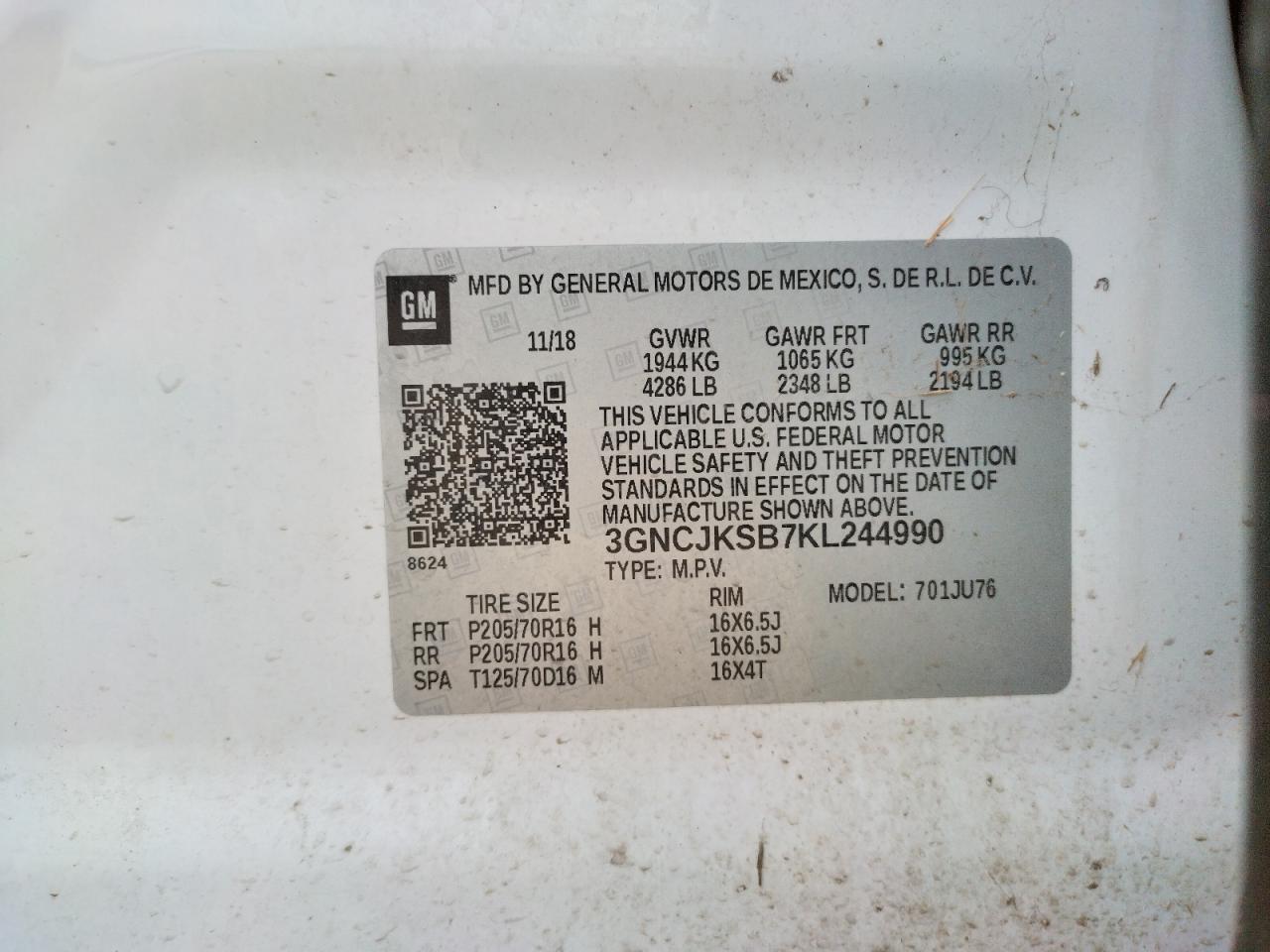 Photo 10 from auction – 2019 CHEVROLET TRAX LS with VIN 3GNCJKSB7KL244990