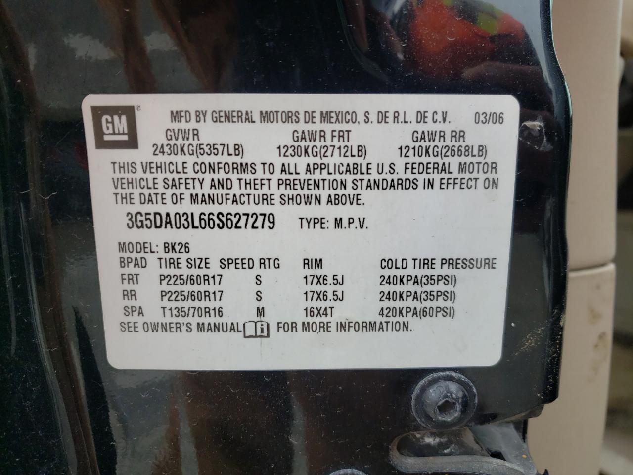 Photo 10 from auction – 2006 BUICK RENDEZVOUS with VIN 3G5DA03L66S627279