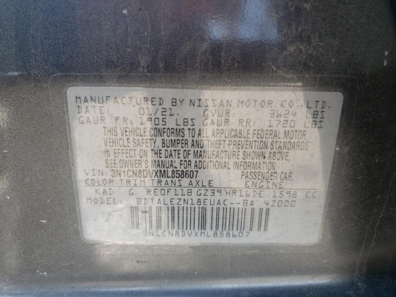 Photo 10 from auction – 2021 NISSAN VERSA S with VIN 3N1CN8DVXML858607