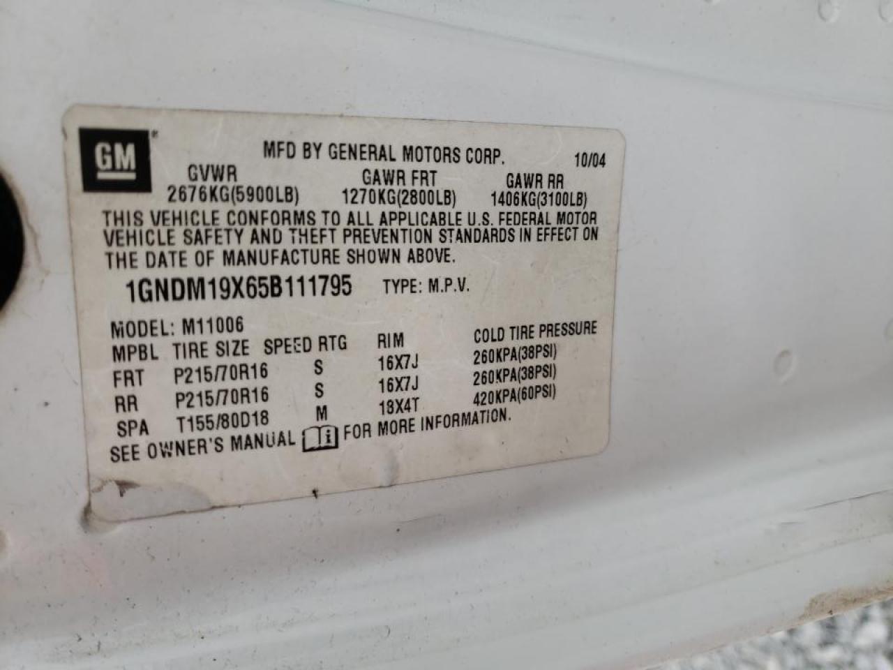 Photo 10 from auction – 2005 CHEVROLET ASTRO with VIN 1GNDM19X65B111795