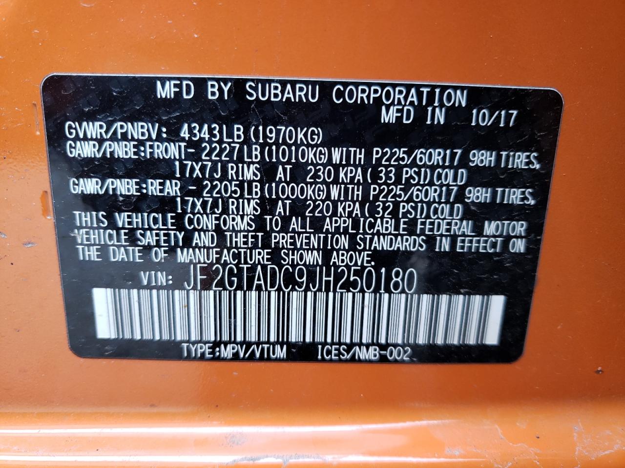 Photo 10 from auction – 2018 SUBARU OUTBACK with VIN JF2GTADC9JH250180