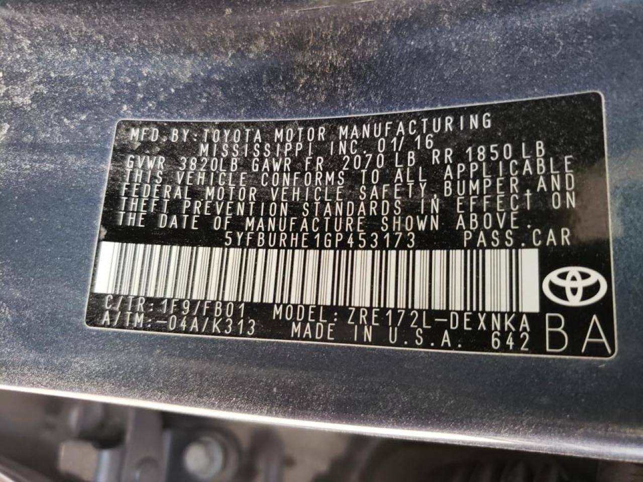 Photo 10 from auction – 2016 TOYOTA COROLLA L with VIN 5YFBURHE1GP453173