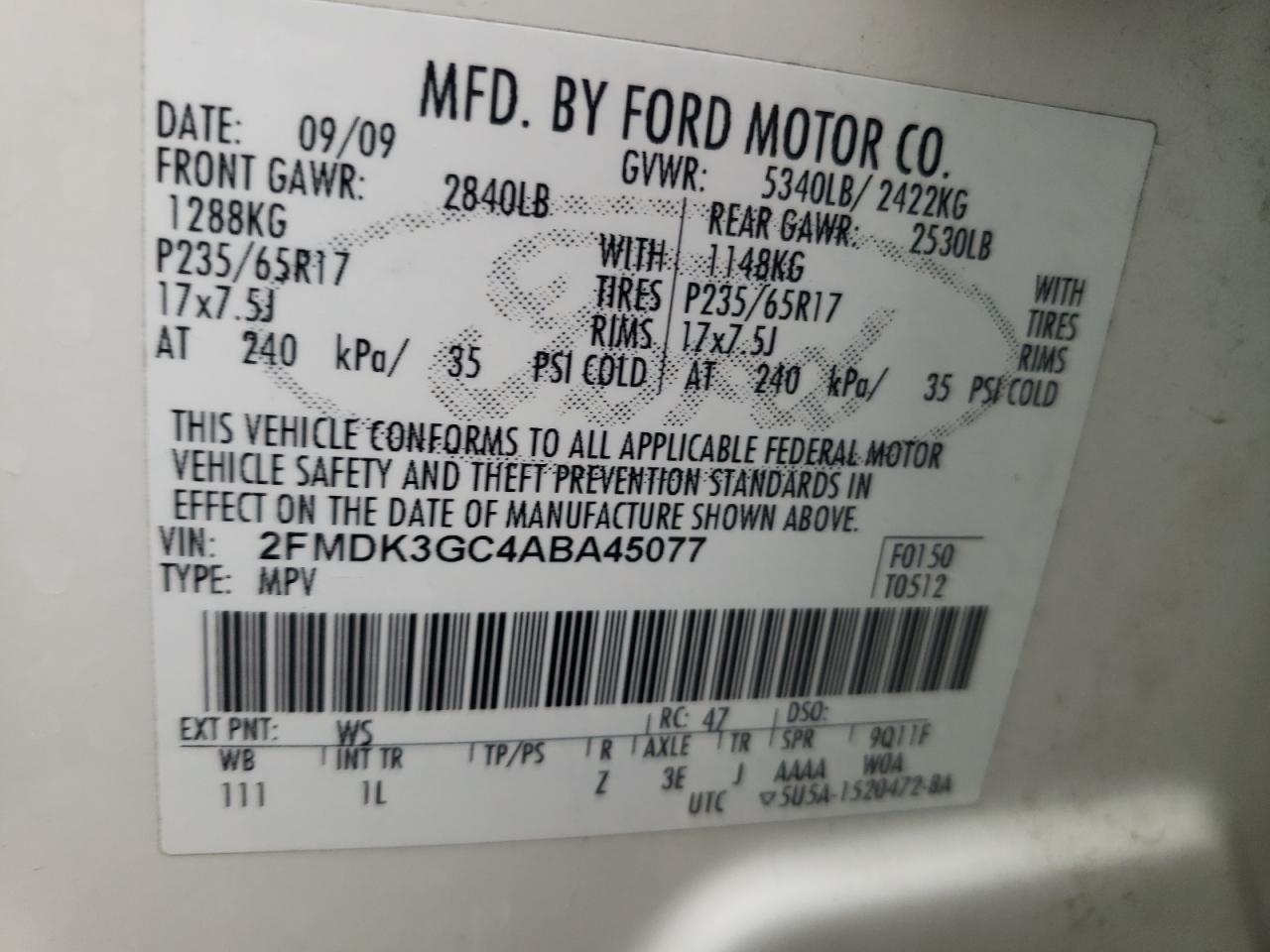 Photo 10 from auction – 2010 FORD EDGE SE with VIN 2FMDK3GC4ABA45077
