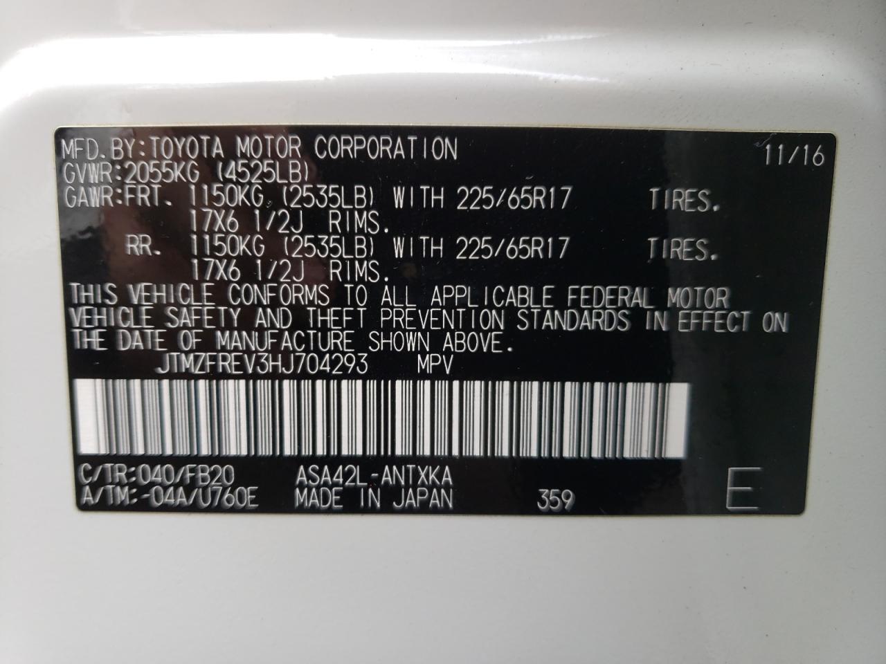 Photo 10 from auction – 2017 TOYOTA RAV4 LE with VIN JTMZFREV3HJ704293