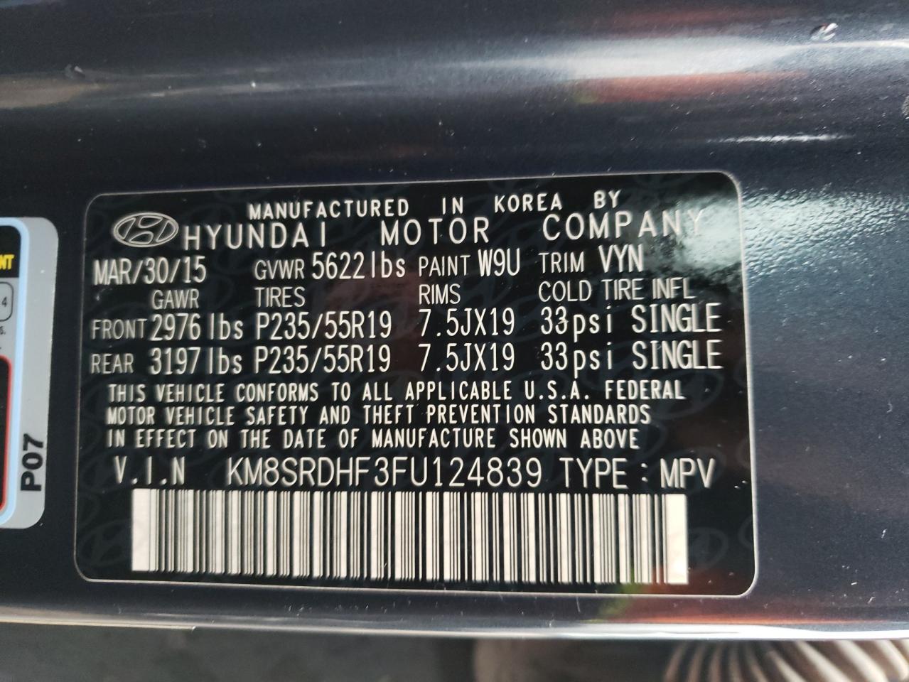 Photo 10 from auction – 2015 HYUNDAI SANTA FE G with VIN KM8SRDHF3FU124839