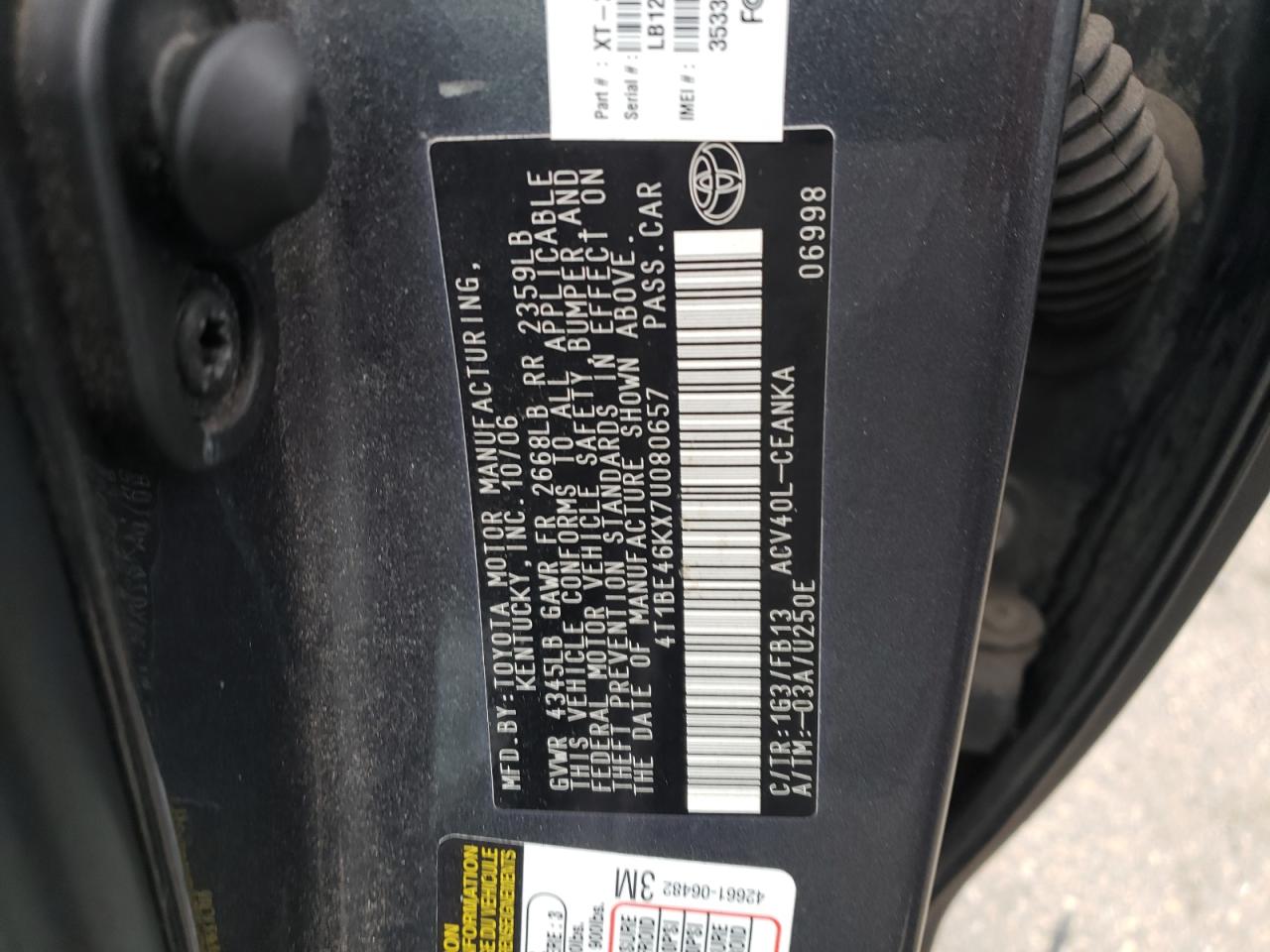 Photo 10 from auction – 2007 TOYOTA CAMRY CE with VIN 4T1BE46KX7U080657