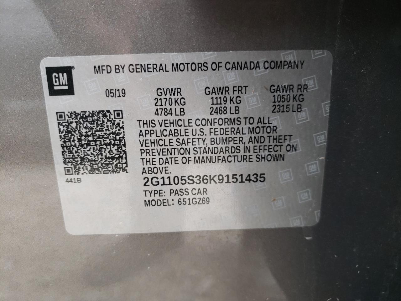 Photo 10 from auction – 2019 CHEVROLET IMPALA PRE with VIN 2G1105S36K9151435