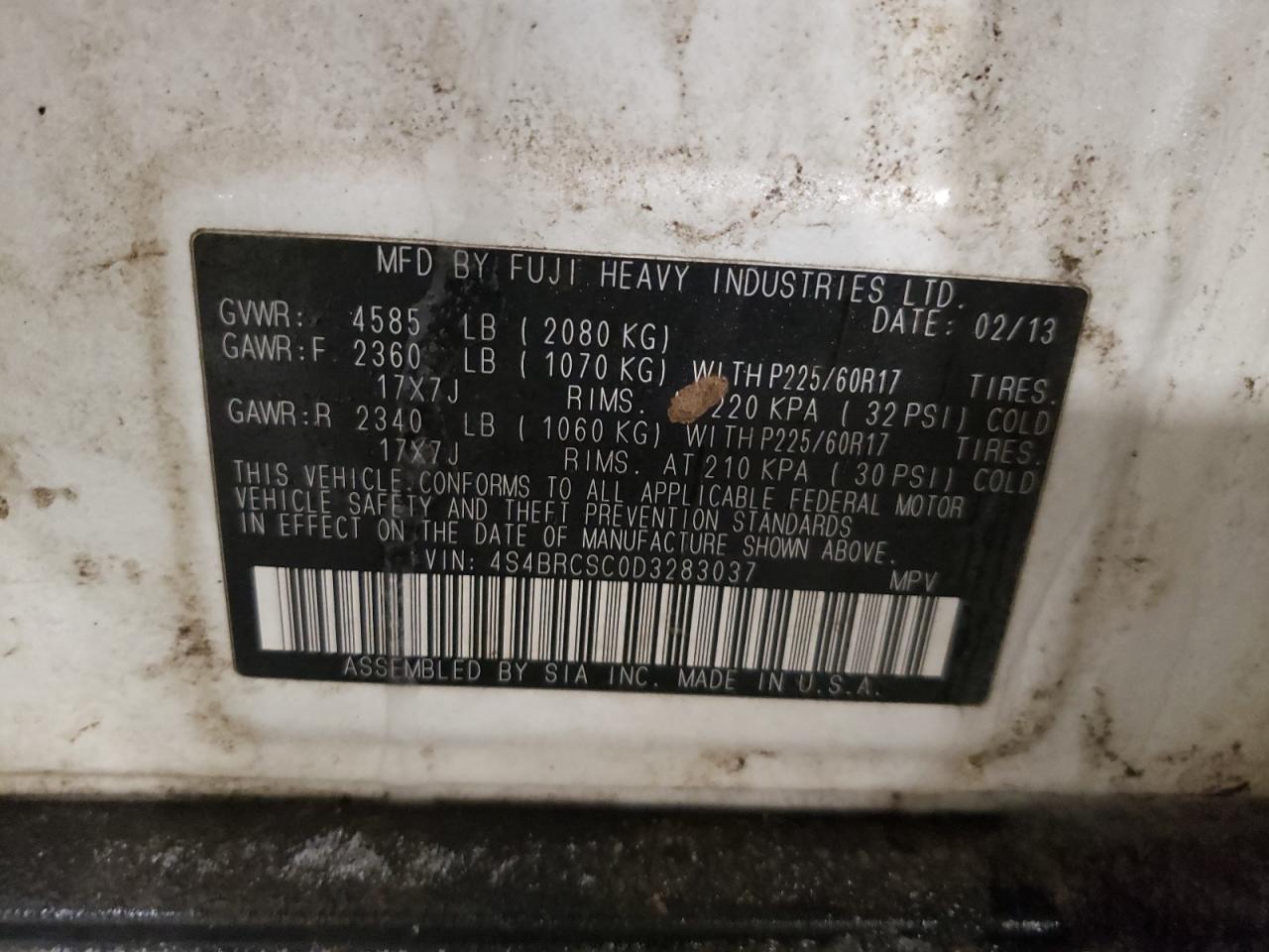 Photo 10 from auction – 2013 SUBARU OUTBACK 2. with VIN 4S4BRCSC0D3283037