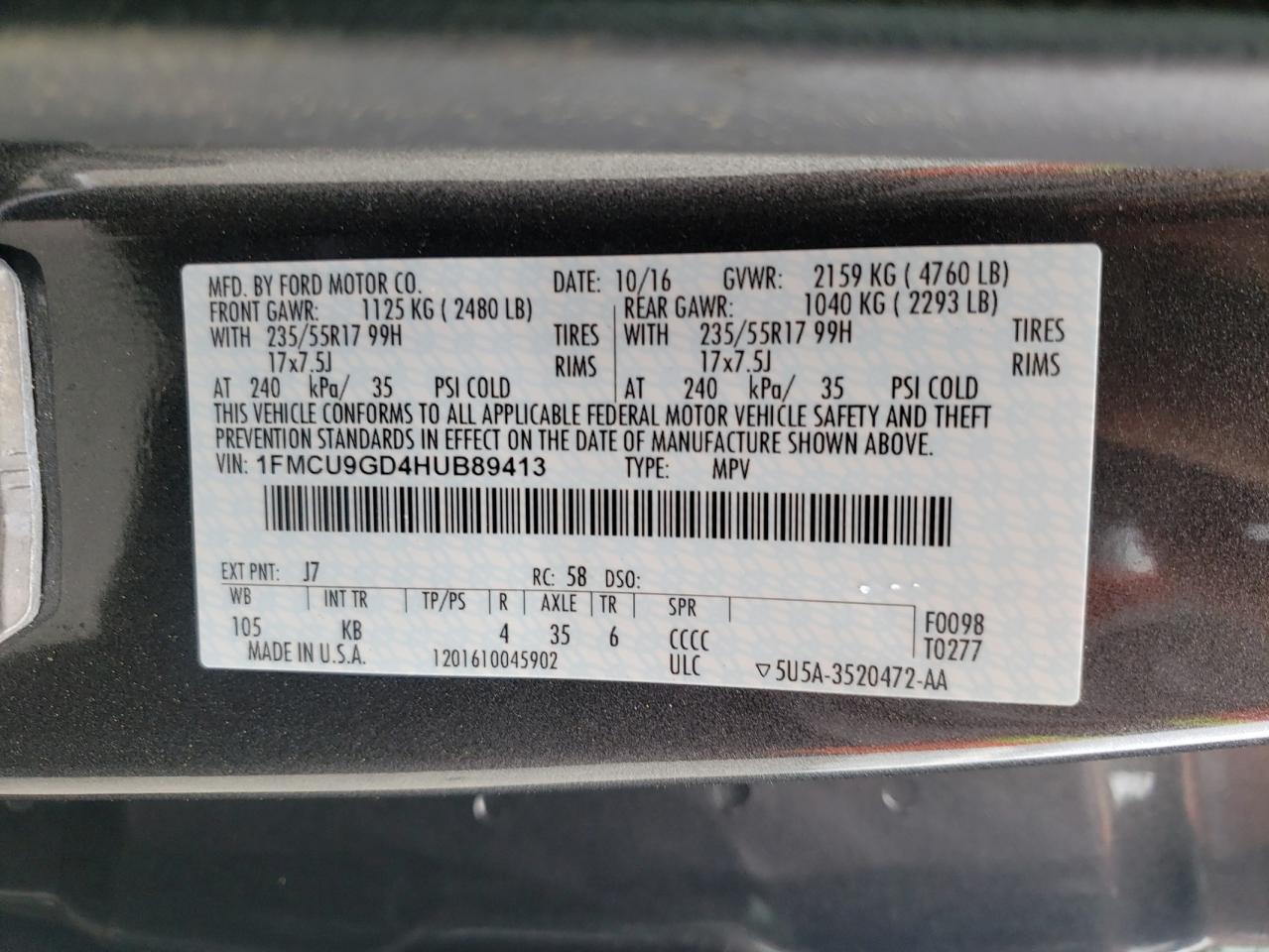 Photo 10 from auction – 2017 FORD ESCAPE SE with VIN 1FMCU9GD4HUB89413