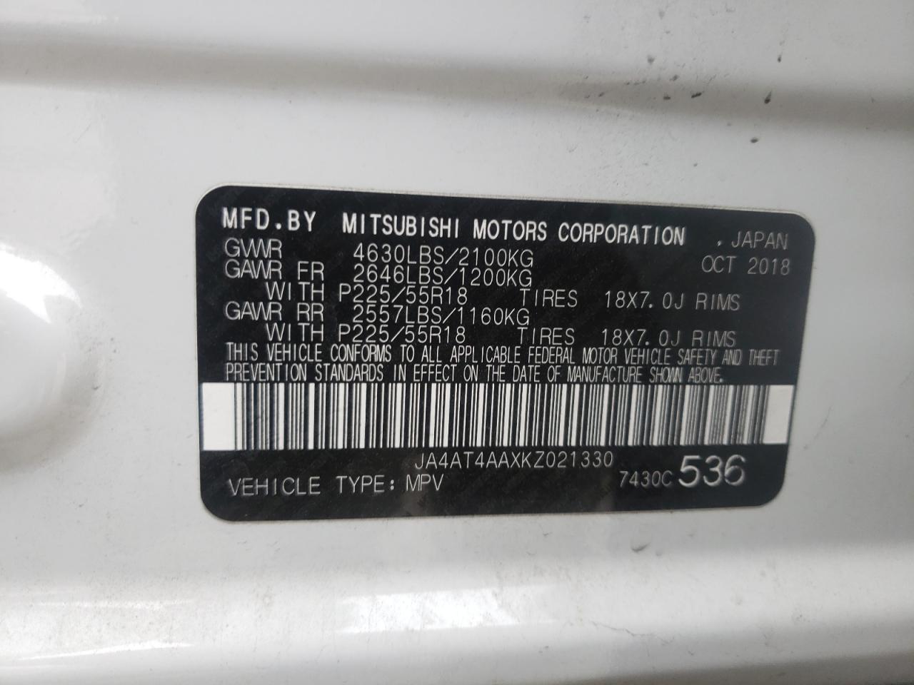 Photo 10 from auction – 2019 MITSUBISHI ECLIPSE CR with VIN JA4AT4AAXKZ021330