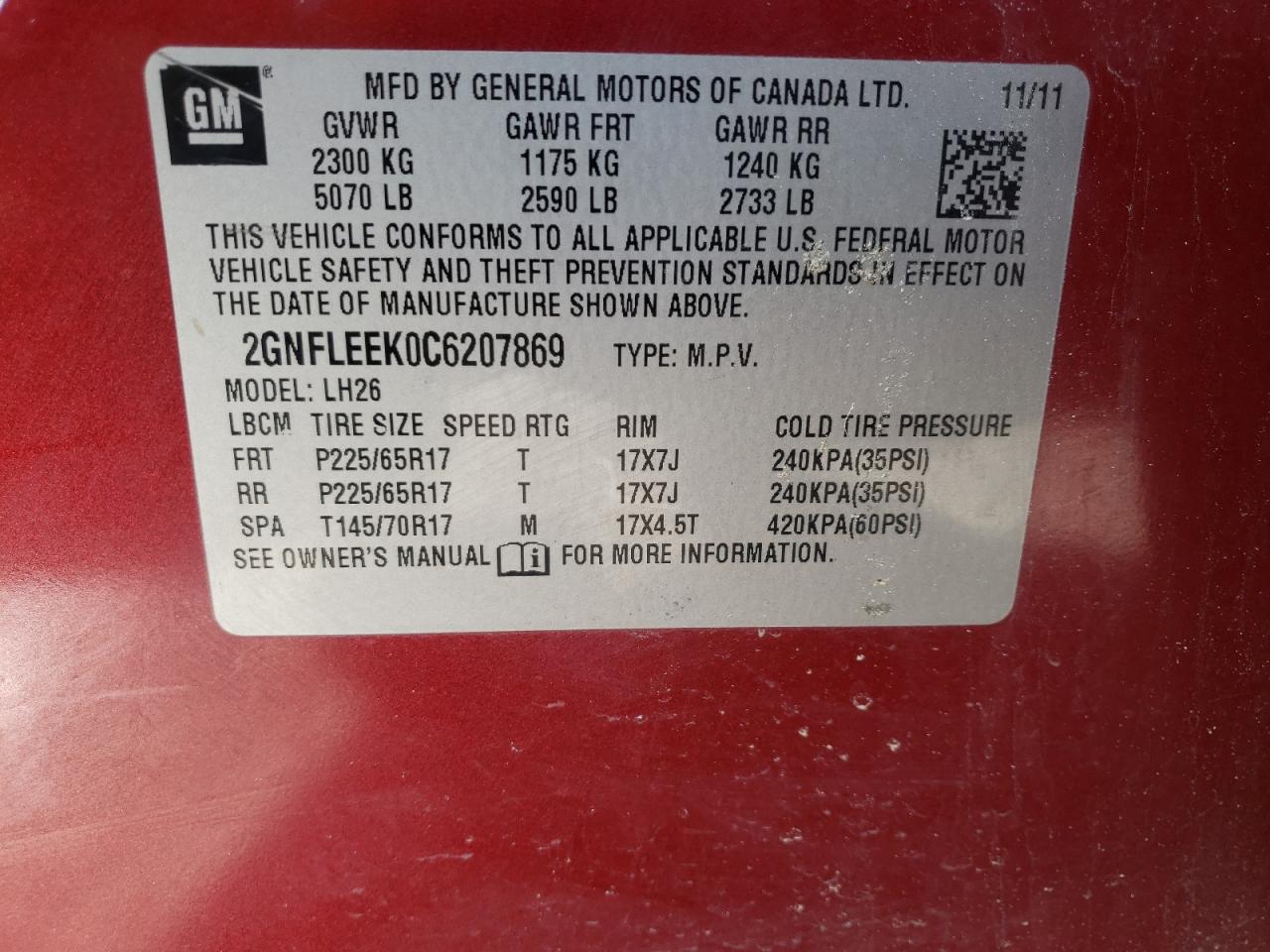 Photo 10 from auction – 2012 CHEVROLET EQUINOX LT with VIN 2GNFLEEK0C6207869