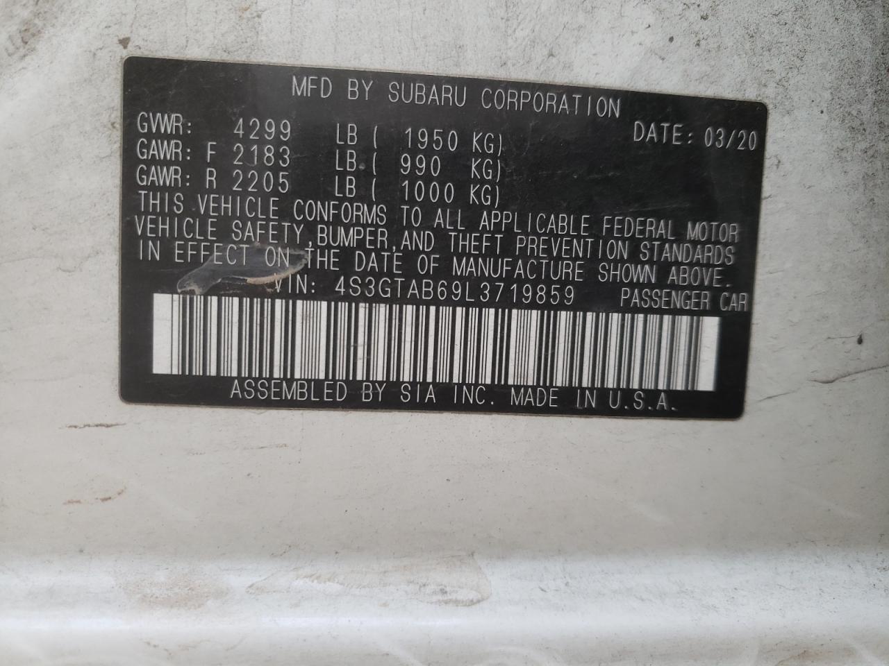Photo 10 from auction – 2020 SUBARU IMPREZA with VIN 4S3GTAB69L3719859