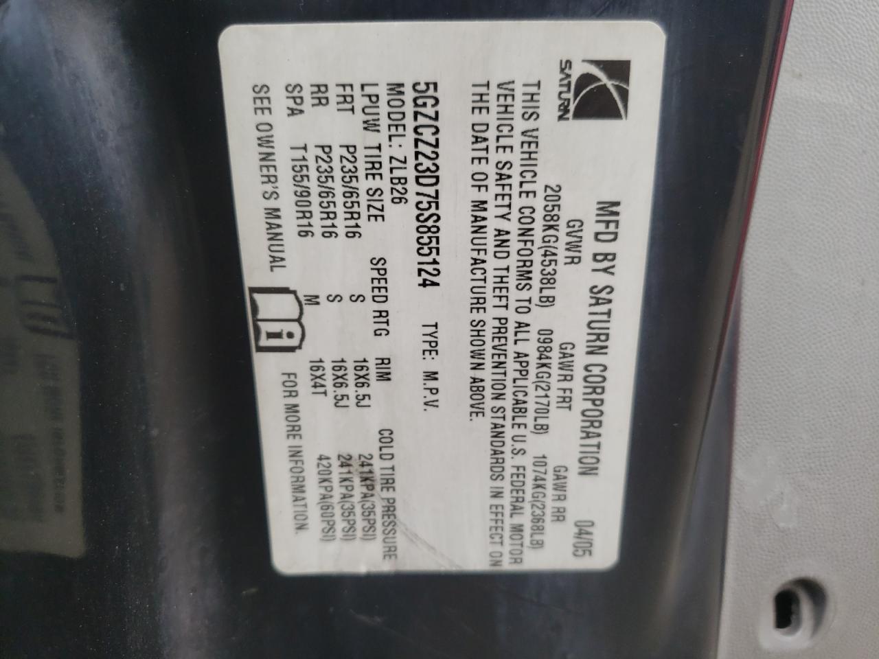 Photo 10 from auction – 2005 SATURN VUE with VIN 5GZCZ23D75S855124