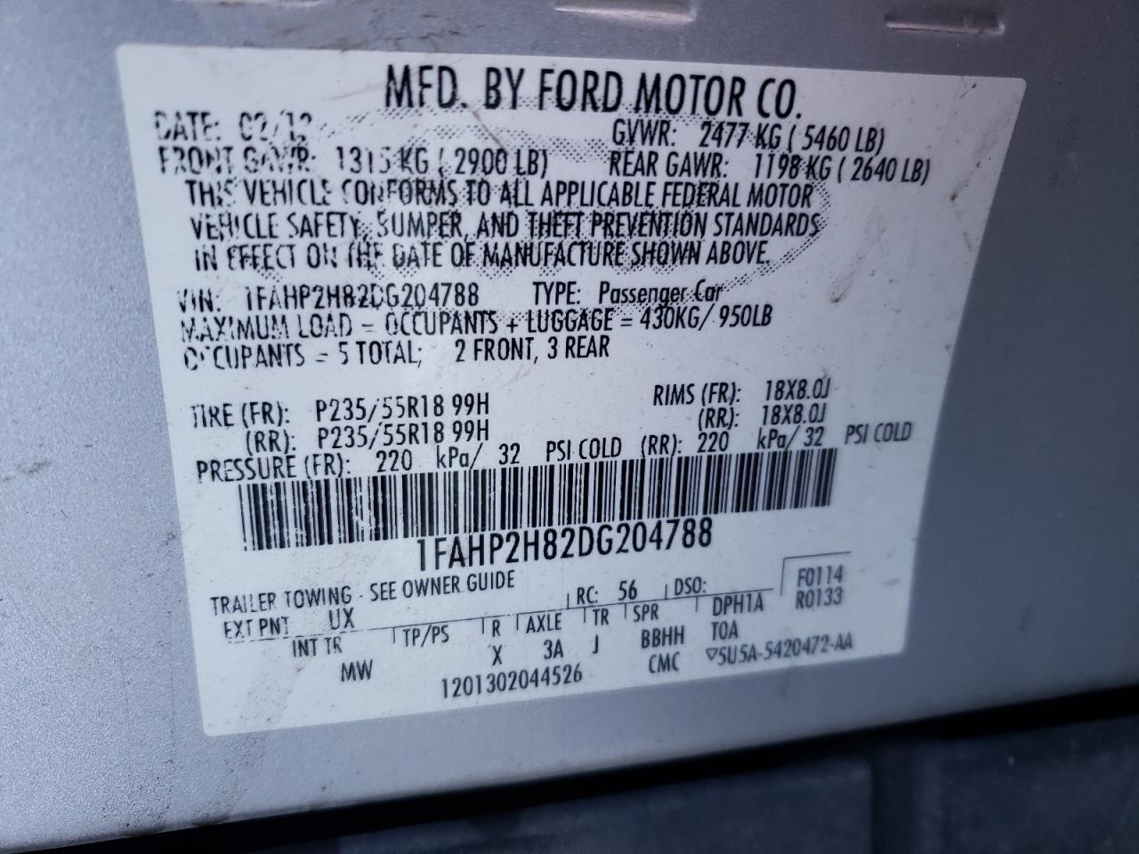 Photo 10 from auction – 2013 FORD TAURUS SEL with VIN 1FAHP2H82DG204788