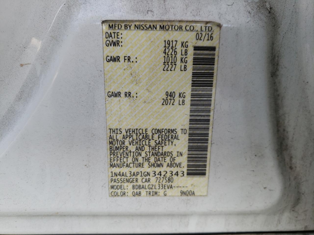 Photo 10 from auction – 2016 NISSAN ALTIMA 2.5 with VIN 1N4AL3AP1GN342343