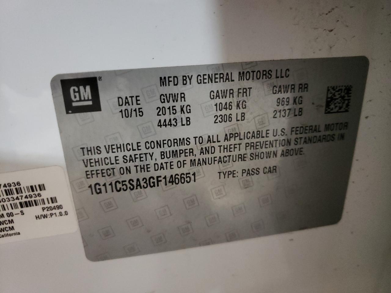 Photo 10 from auction – 2016 CHEVROLET MALIBU LT with VIN 1G11C5SA3GF146651
