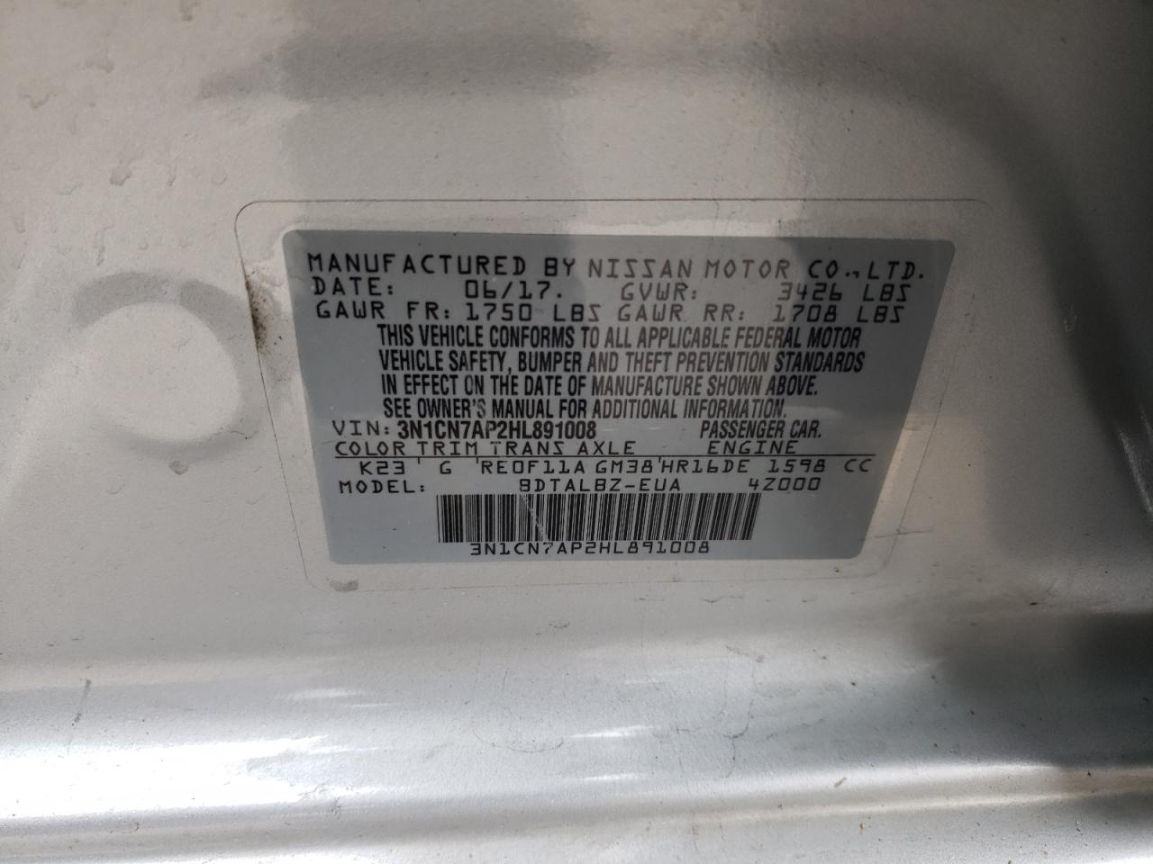 Photo 10 from auction – 2017 NISSAN VERSA S with VIN 3N1CN7AP2HL891008